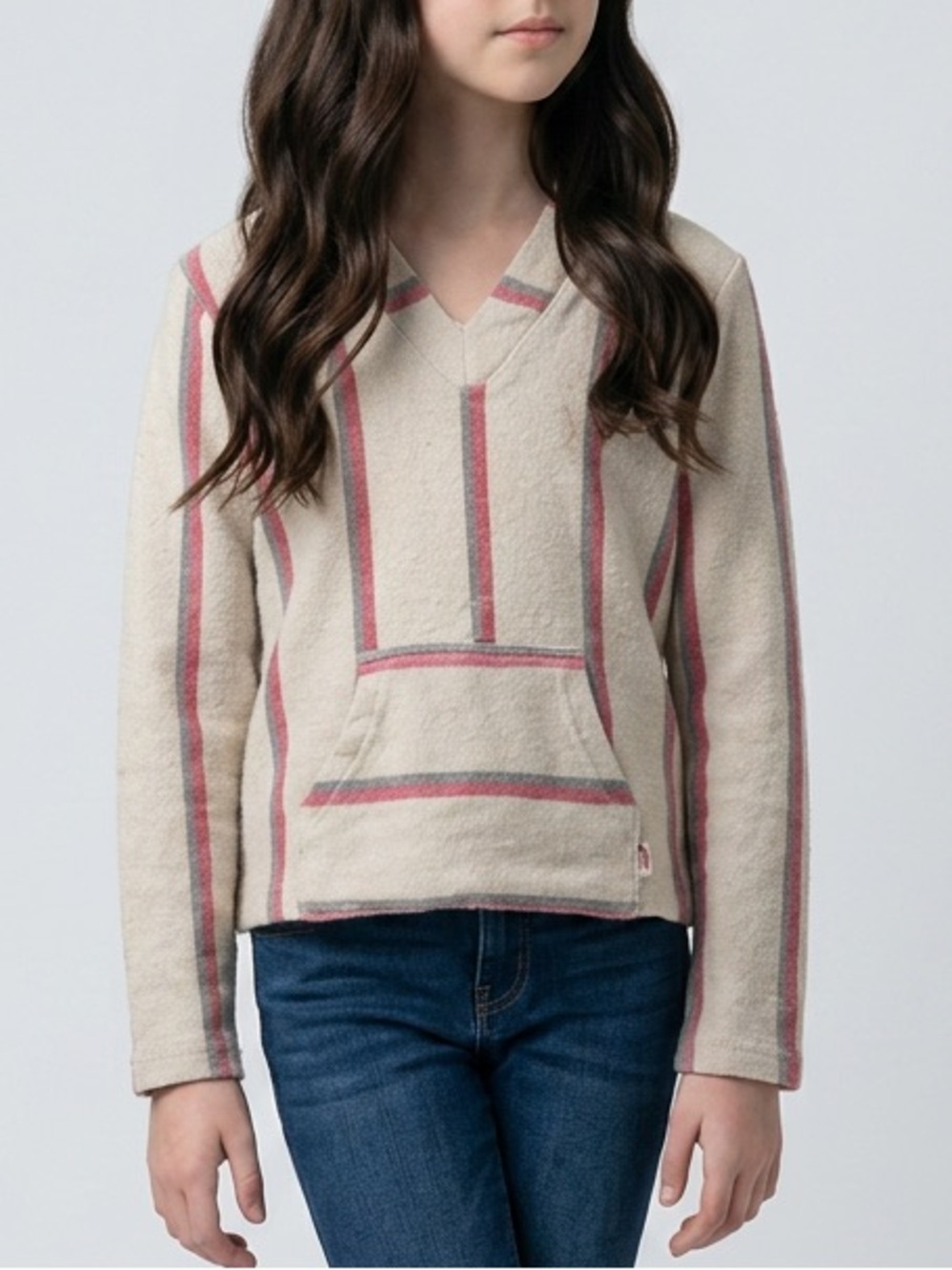 Billabong Girls Baja Striped Pullover V-Neck Hoodie Sweater Size 8